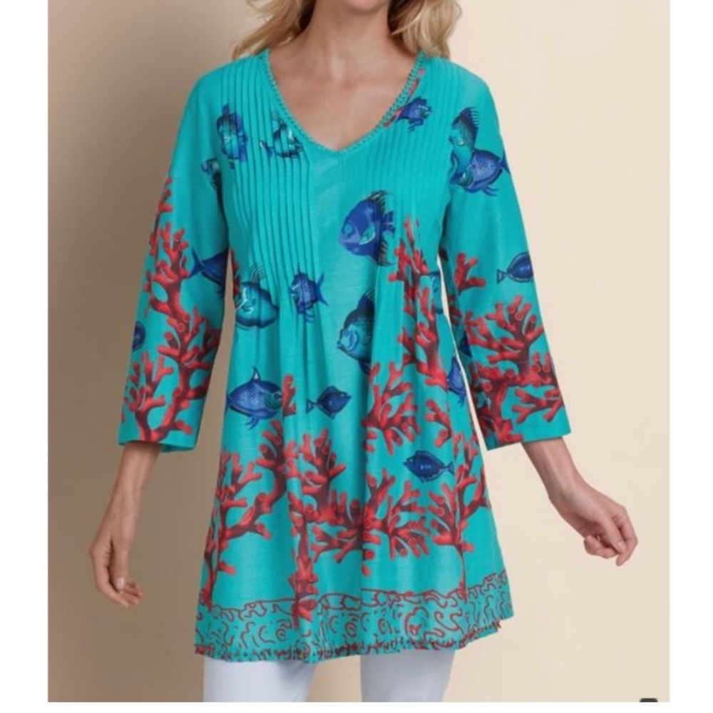 Soft Surroundings Seychelles Tunic Top M Tropical Fish Corals Beach Beaded NEW